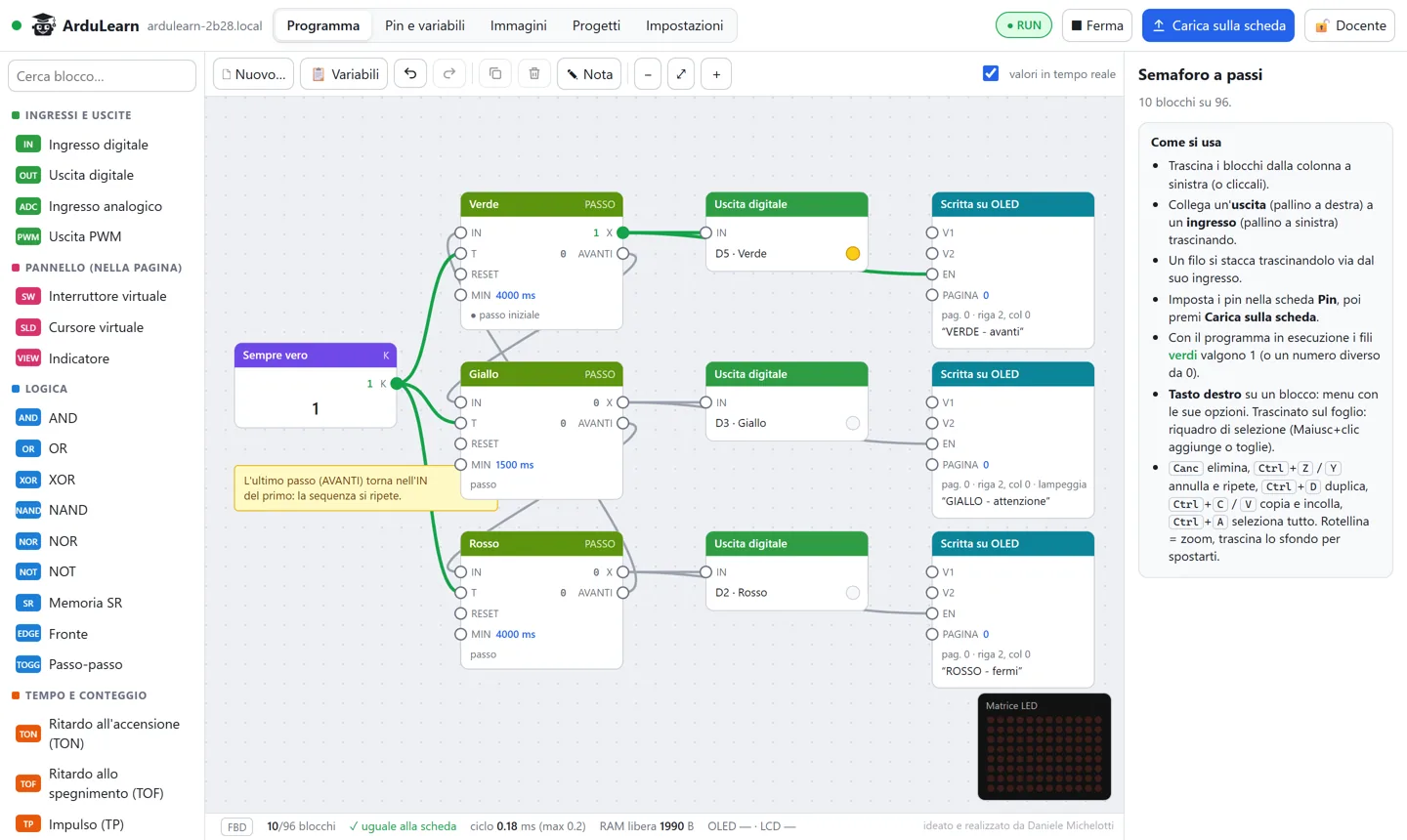 L'editor di ArduLearn con un programma in esecuzione